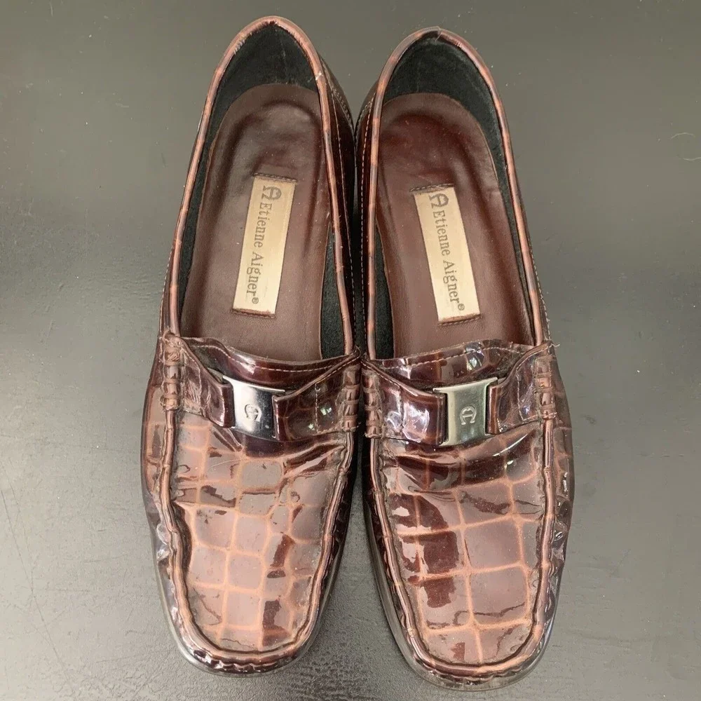 Etienne Aigner CHICKLET 7.5 Brown Crocodile Leather Flat Loafers Buckle Shoes